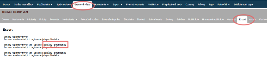 Editing export items and conditions from the call-level menu