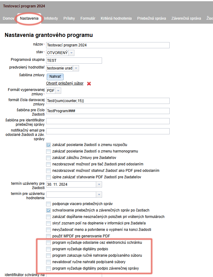 Settings for the electronic signature