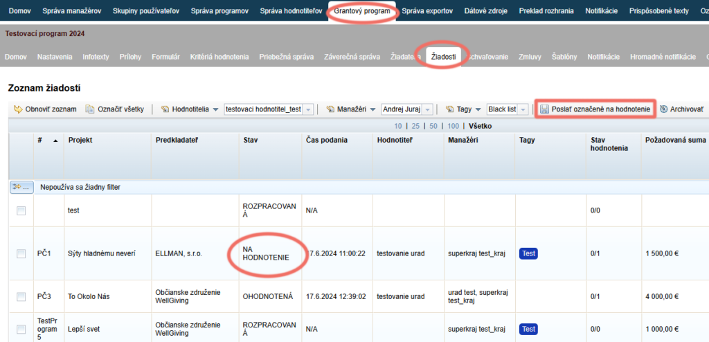 Sending applications for evaluation in the “Žiadosti” tab