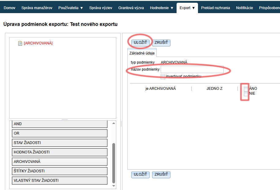 Creating an export condition for archived applications