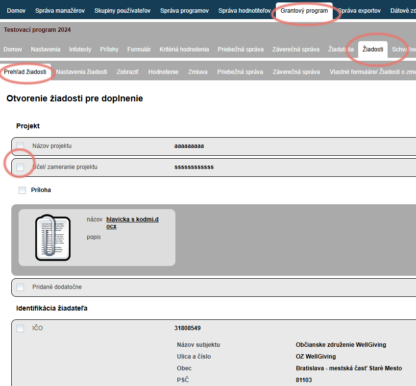 Mark the application items that the applicant is to edit