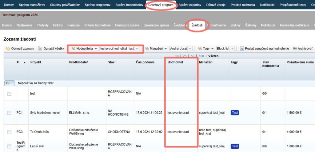 Assigning applications to evaluators in the “Žiadosti” tab