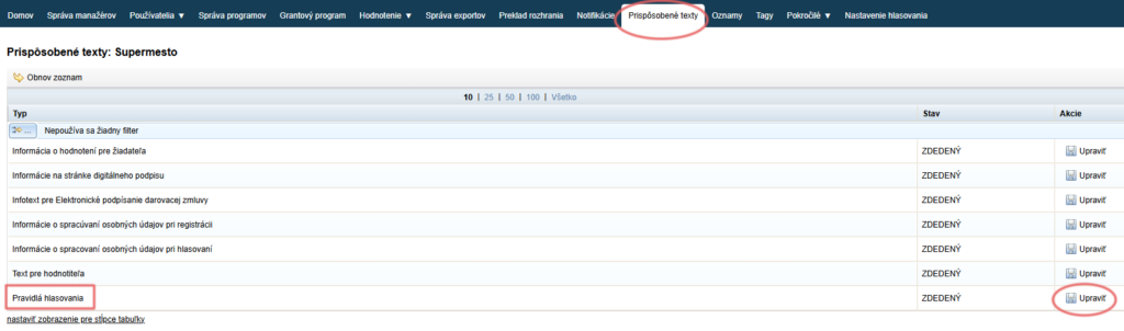 Editing the voting rules in the “Prispôsobené texty” tab