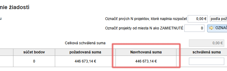 Stupac „navrhovaná suma“ na kartici „Schvaľovanie“
