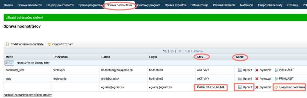Edit an evaluator in “Správa hodnotiteľov”