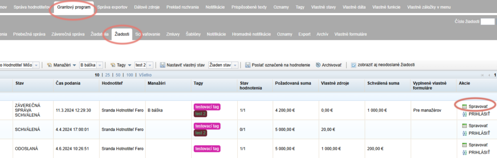 Open a specific application by clicking “Spravovať” in the list of applications