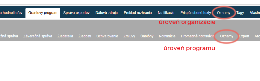 Oznamy na rôznych úrovniach menu