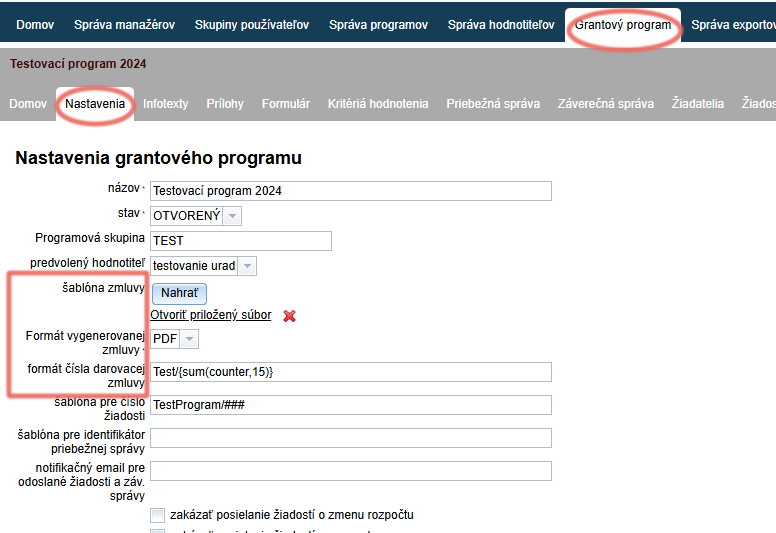 Nastavenia pre potreby generovania zmlúv