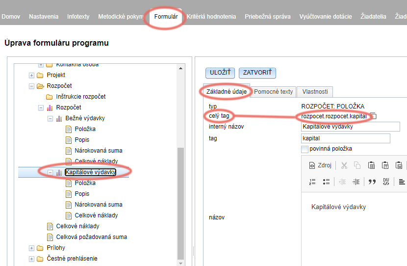 Tag formulárovej položky vo forme tabuľky