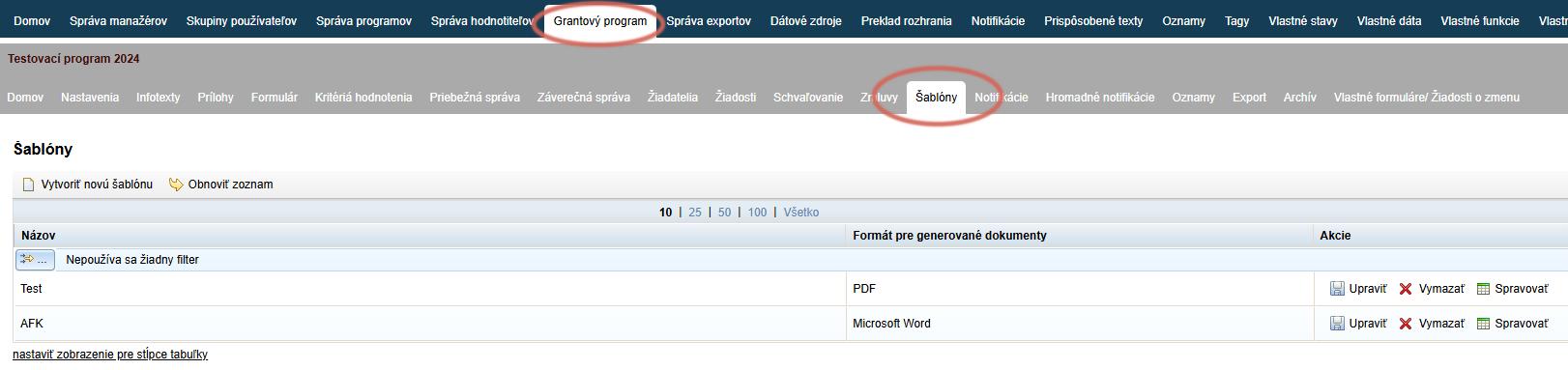 Záložka "Šablóny"