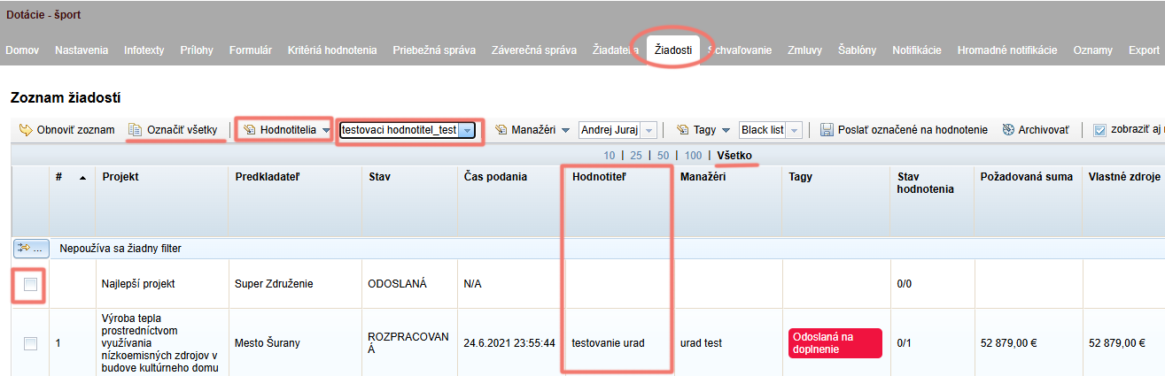 Pridelenie žiadostí hodnotiteľovi