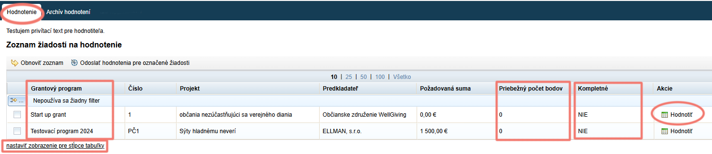 Pohľad hodnotiteľa - zoznam žiadostí na hodnotenie