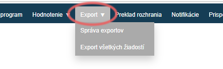 Záložka "Exporty" v hlavnom menu