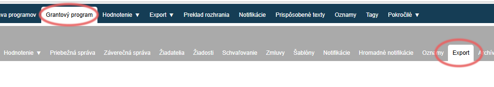Záložka "Export" v menu na úrovni výzvy
